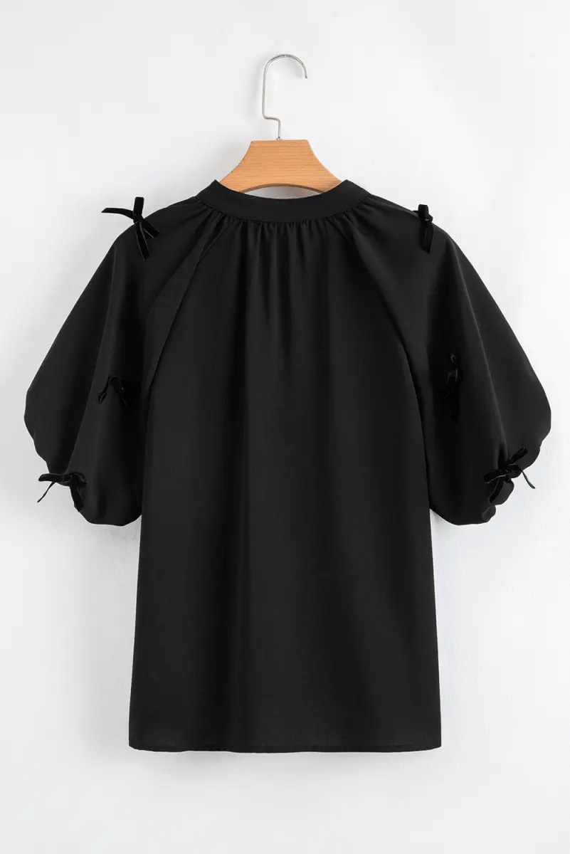 Black Bow Decor Puff Sleeve Split Neck Blouse for Women - Love Salve